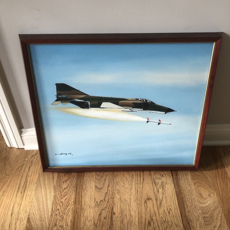 Military Fighter Plane with Falling Missile Painting by K Chong ? 1978