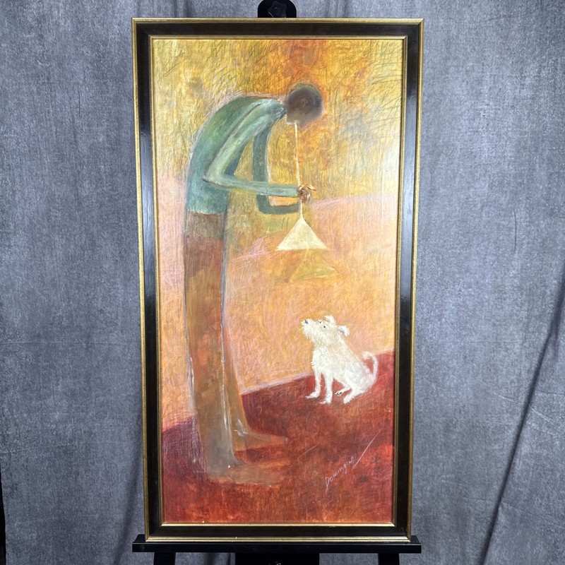 Mid Century Abstract Oil On Canvas Painting Signed Dominguez 22” x 41”