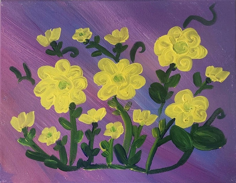 Yellow Floral Acrylic Painting Purple Flower Wall Art Original 11x14 gallery