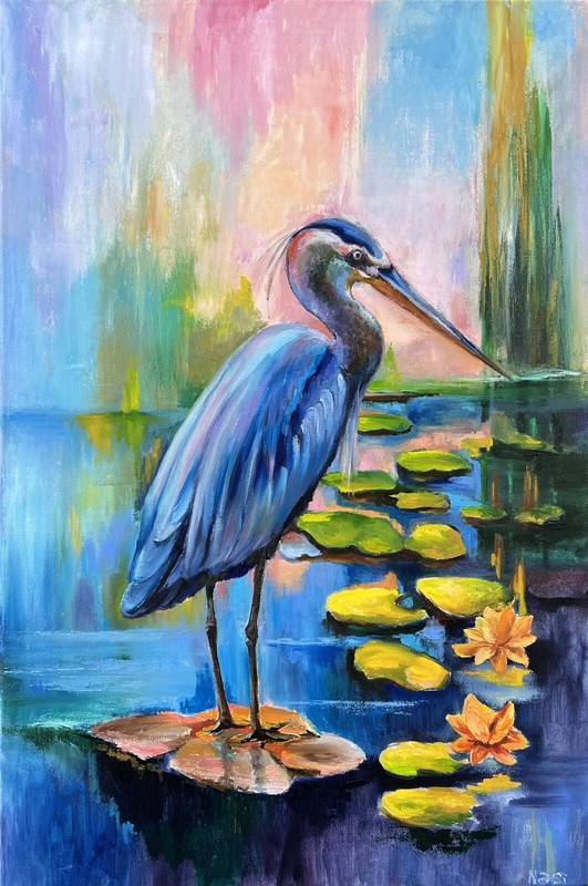 Original painting oil, 20x30 inch, Heron with Lilies, Wall Art Decor, Home Gift gallery