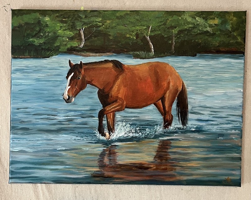 Original Acrylic Painting Horse in River Western Mustang Art Leslie Blackburn