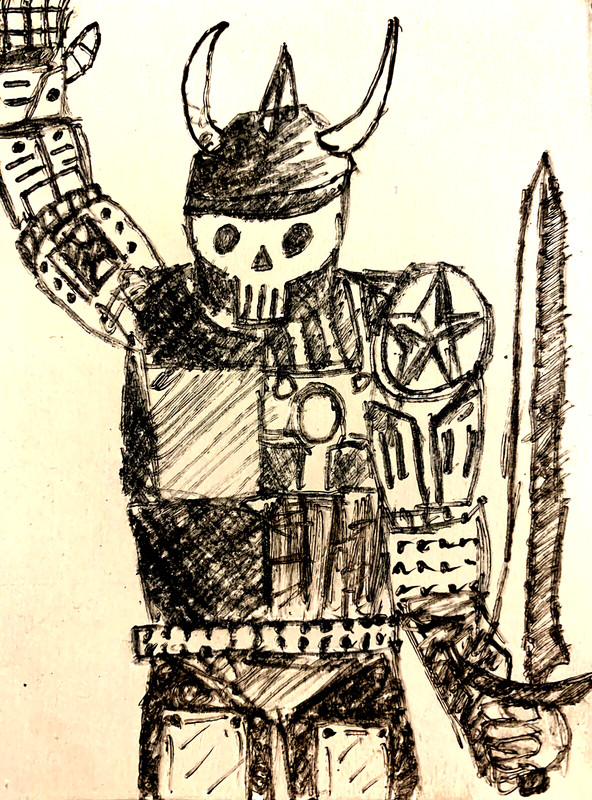 Original ACEO Drawing Robot Viking Cyber Punk Sword Skull Knight Artwork Card