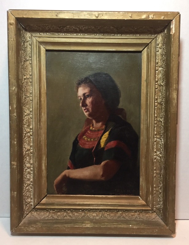 Sally M. Cory Antique 19thC European Realist Oil Painting Portrait Signed 12×16
