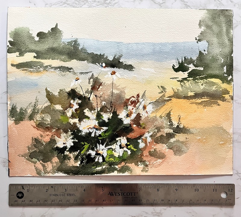 Original Watercolor Gouache Wildflower Landscape Painting 12x9 Unframed gallery