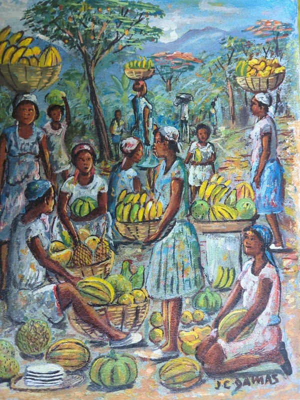 ORIGINAL HAITIAN FOLKART PAINTING BY JEAN CLAUDE DAMAS «BANANA SEL» 10″08″ HAITI