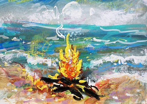 ORIGINAL ACEO Painting BEACH Fire Waves Ocean CAMPFIRE Bonfire Camping ATC ART