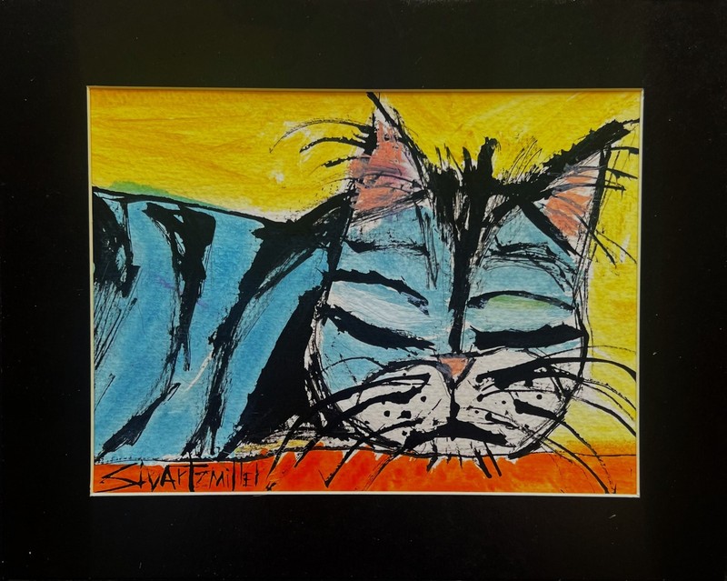 ORIGINAL unique POP ART BLUE CAT PAINTING FRAMED 10 X 8 SWARTZMILLER DNA SIGNED