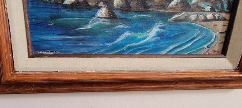 Vintage Original Acrylic On Wood Board Lighthouse/ Seascape Painting 17x14 gallery