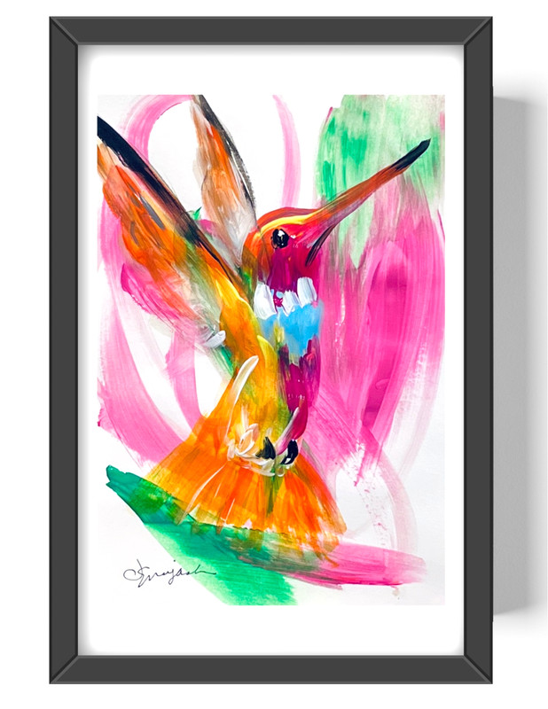 Guajardo Art: Red and Orange Hummingbird 9X6 Paper Abstract Neo Expressionism