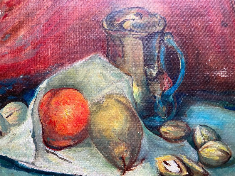 ::OIL PAINTING SIGN. MAINSCHALL STILL LIFE FRUIT WITH PITCHER PEAR APPLE NUTS gallery