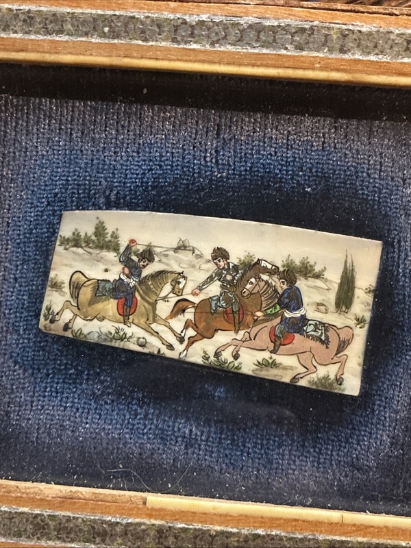late 1800s Chovgan Game on bone persian miniature framed art scene