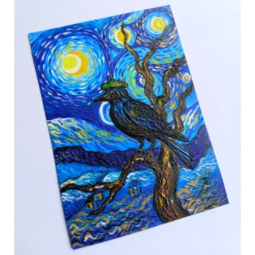 ACEO Original Crow Bird Starry Night Abstract Art Acrylic Hand Painting NEW OOAK gallery