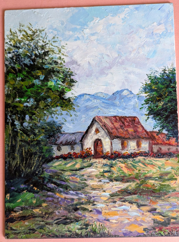 ORIGINAL OIL Painting Barn LANDSCAPE, Farmhouse 12″x 9″ by Olga Diduh.