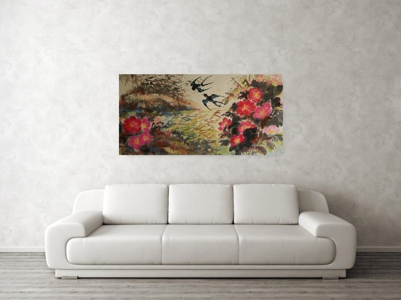 Fine Art, signed original Chinese Brush painting, unframed "Spring Floral" gallery