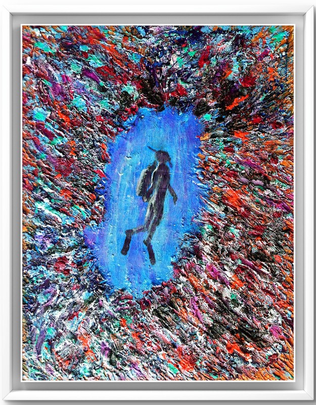 Bold Textured Signed Original Canvas Panel Acrylic Art Scuba Diver Painting Bach