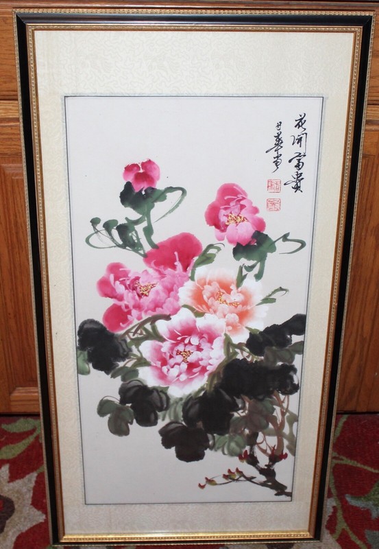 Chinese Painting Red Rose Flowers Signed Stamped Framed Chinese Painting