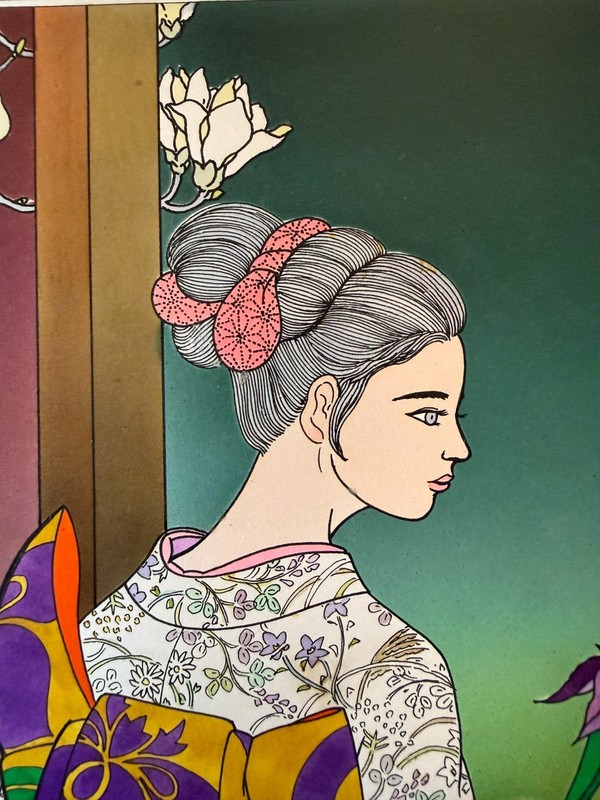 1976 Original Japanese Ink Kotaro Bijin Geisha Kimono Iris Flowers Pop showa JCA