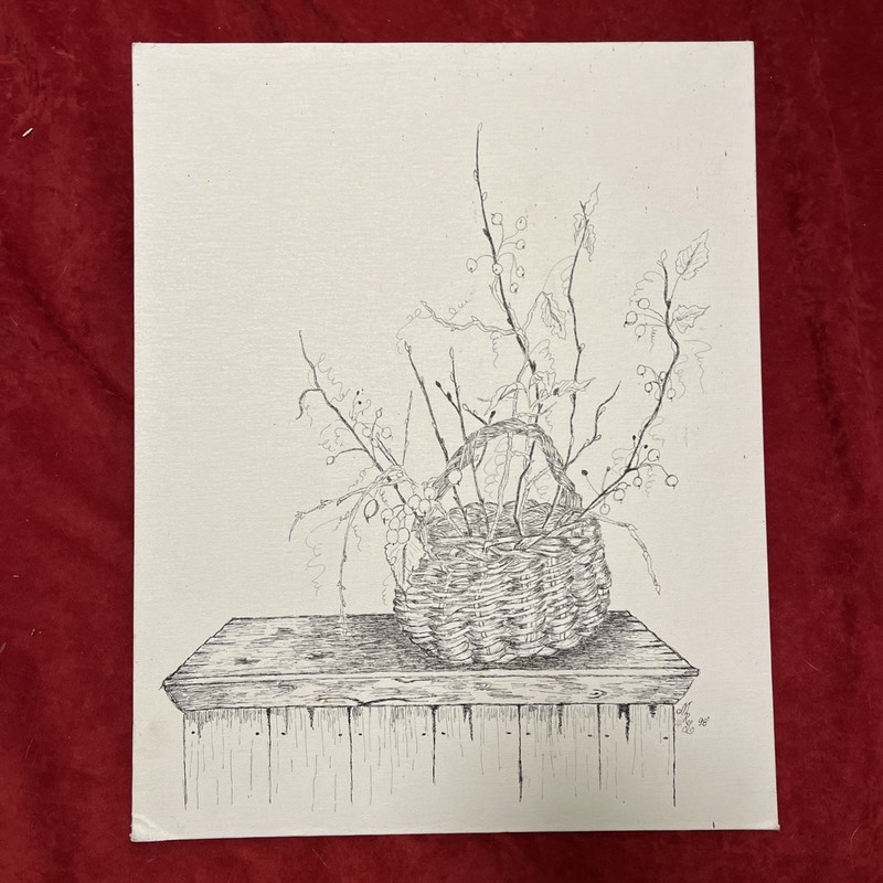 Detailed Pen Drawing On Canvas Board Vintage 1998 Signed By Artist M. Rel 20×16