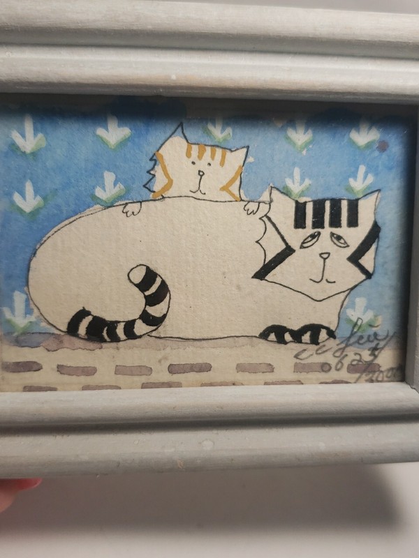 1990s Mini Cat Watercolor Framed Cat Decor Vintage