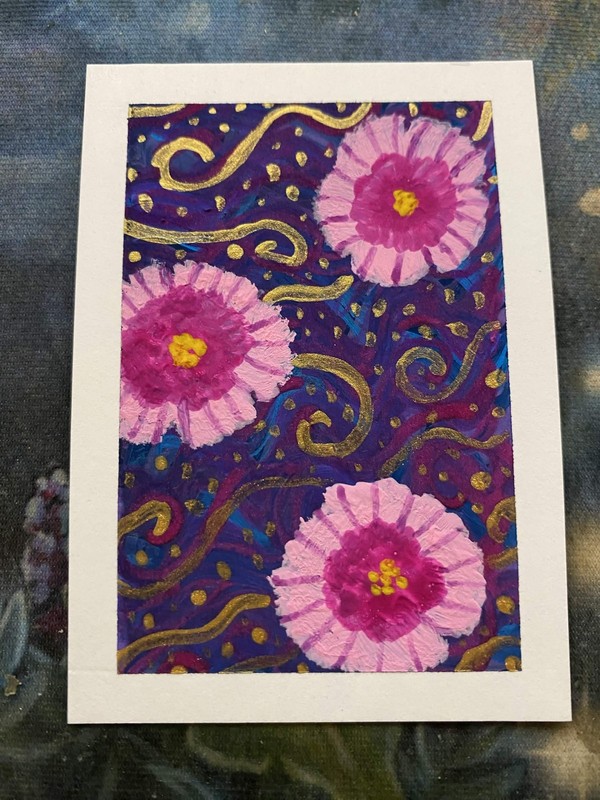 ACEO Original Flowers Space Cosmos Plant Floral Miniature Painting OneCraftyLady