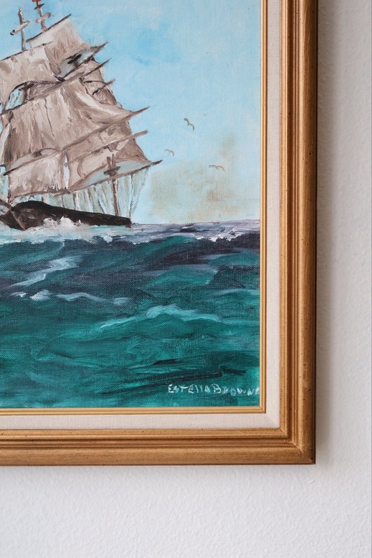 MCM Signed Oil Painting Mid Century Sailing Ship Ocean Rough Seas Gold Framed gallery