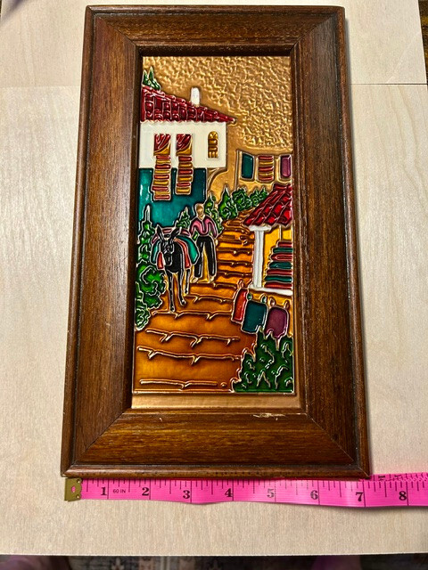 Rustic Greek Enamel Wall Art-Village Scene Man & Donkey boho Please see pictures gallery