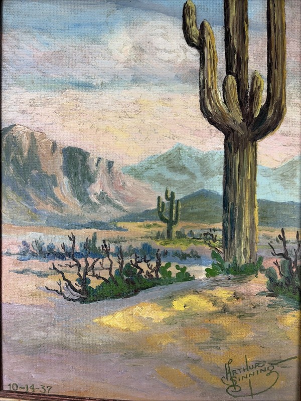 ARTHUR BINNING Lovely SOUTHWESTER DESERT LANDSCAPE CACTUS OIL PAINTING 1937 gallery
