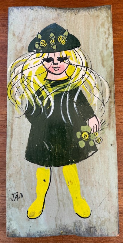 Jan McPherson Hand Painted Reclaimed Wood Panel Girl Green & Yellow Signed 1960s gallery