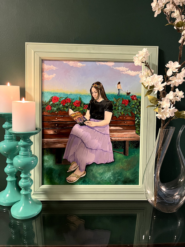 Original Oil Painting, 16×20 inches, Woman Reading 4, Books, Portrait, Green.