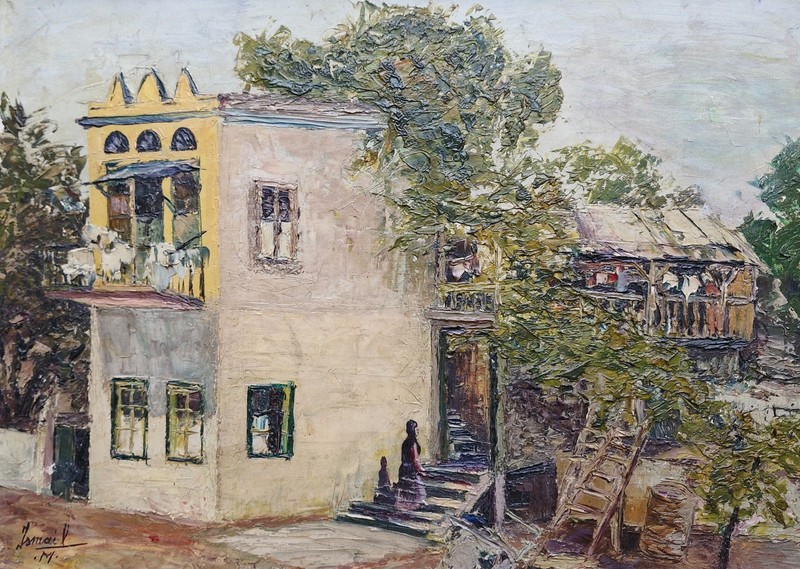 Signed «Ismail» Original Oil on Canvas Andalusian Courtyard Landscape, 1947