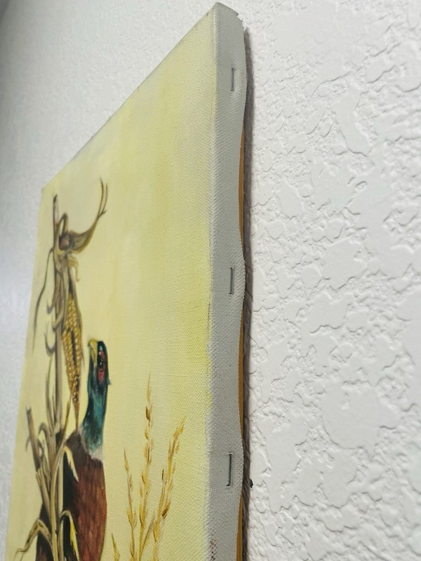 Vintage Ring-necked Pheasant Oil Painting Original Wildlife Art Cornstalk 12x24 gallery