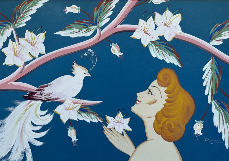 REMY SIGNED GOUACHE PAINTING WOMAN FLOWERS LONG TAIL WHITE BIRD 20TH C. ORIGINAL