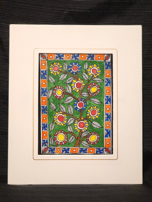 Original Madhubani Painting Tree of Life Mithila Folk Art India Matted New