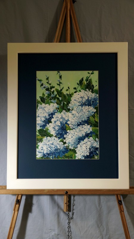 Ann Dela Pena original beautiful hydrangeas painting 16×20 custom frame and mat