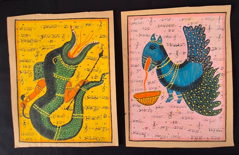 VINTAGE HANDMADE FOLK TANTRA-MANTRA PAINTING ON ANTIQUE PAPER. SET OF 2 PAINTING