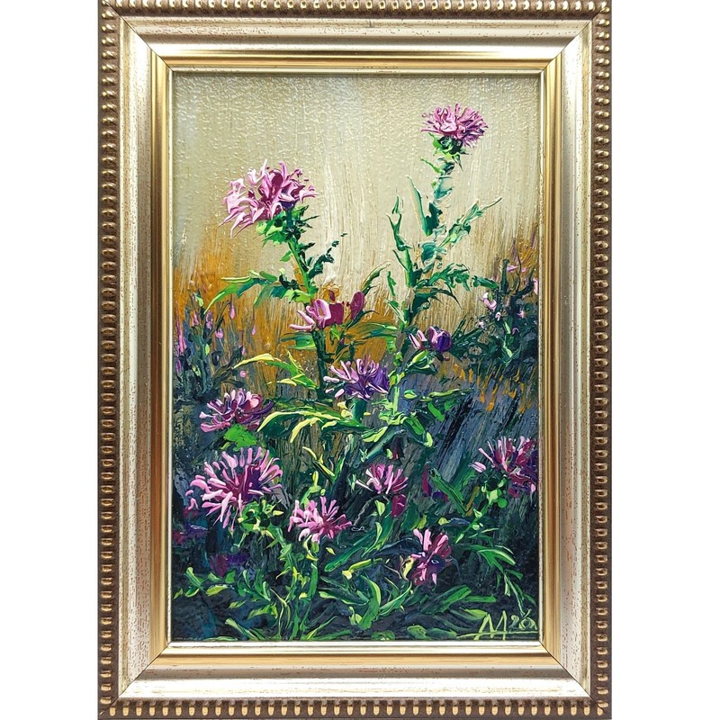 Original Miniature Purple Thistle Oil Painting Wildflowers Floral Art 4×6 Small
