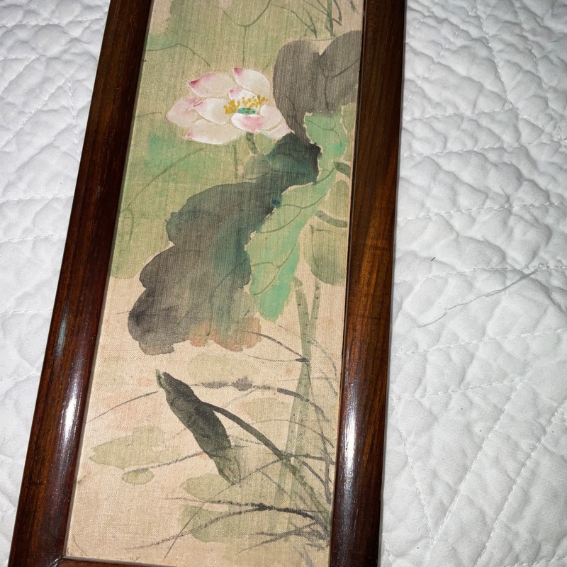 Small two sided Asian painting, original handpainted, flowers, floral birds gallery
