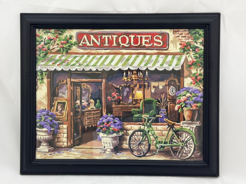 Completed Paint by Number Framed Antiques Shop Storefront Bicycle Flowers Art
