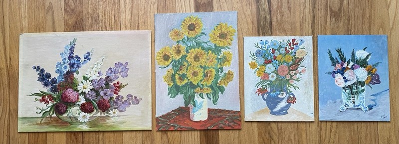 Vintage Set Of 4 Still Life Floral Unframed Paintings From 1977 Artist Frank H