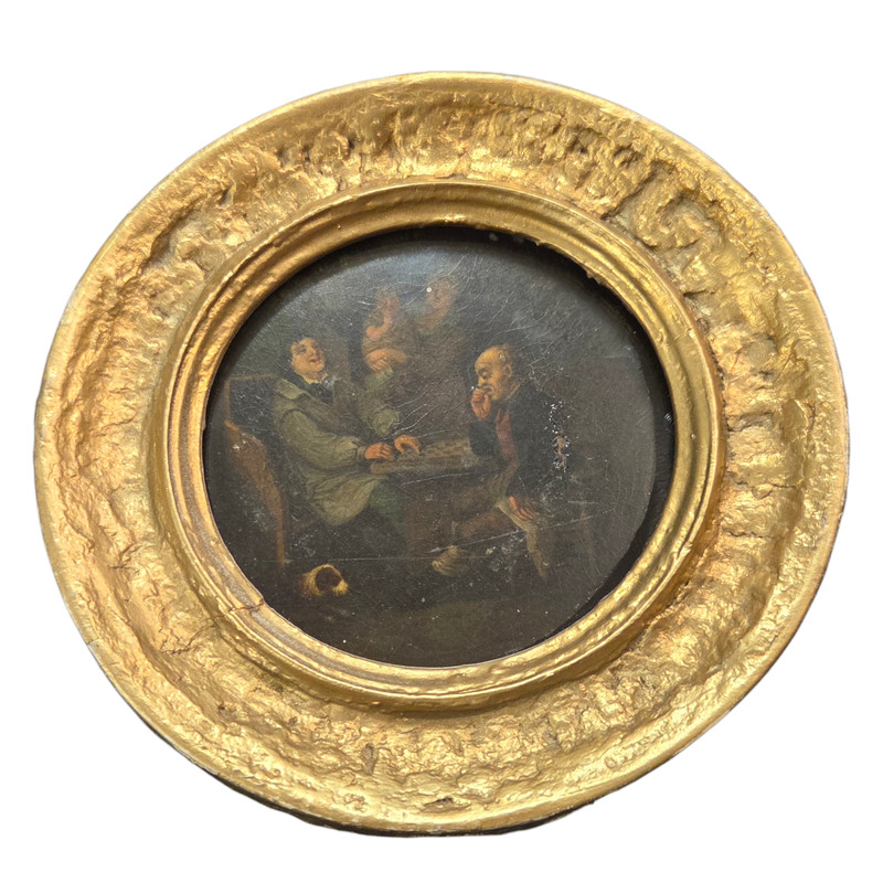 French Old Master Style Oil Painting Round Cabinet Panel Tavern Scene “Le Jeu" gallery