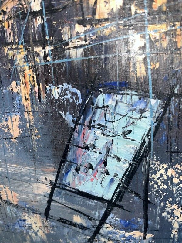 Huge MCM H. Duchamp TEXTURED Oil Painting On Canvas Parisian Street Scene 56x32” gallery