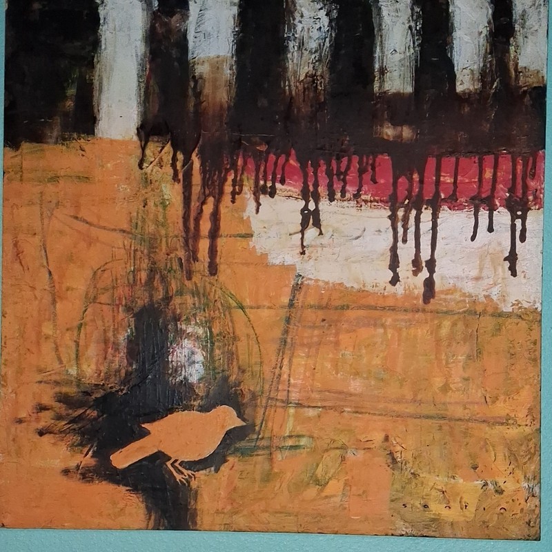 Framed Abstract Bird Painting, Expressionist Animals Wall Art Orange Black White