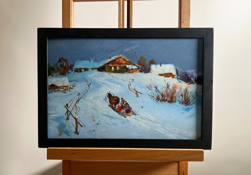 Oil Painting Cozy Winter Evening Y. Suprunchuk Landscape Village Art nAAA4200