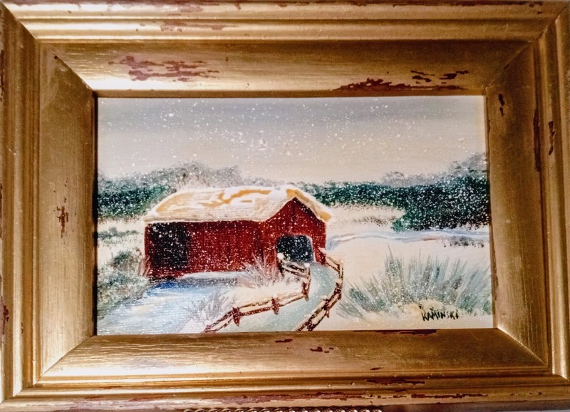 Rare Vintage Oil Painting Signed 'KAMINSKI' 5"X7" Unframed Bridge Snow Ooak