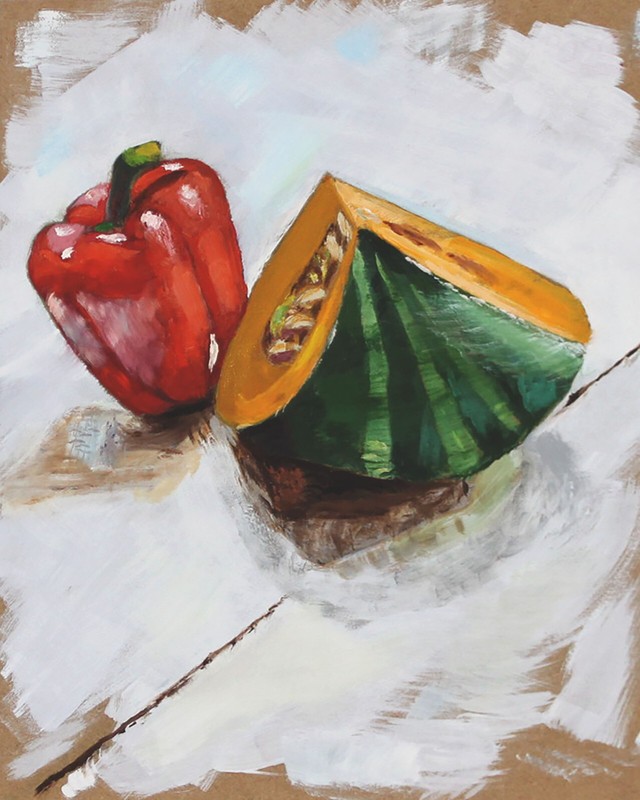 KITCHEN still life Oil painting UKRAINE 8X10 RED PEPPER AND PUMPKIN