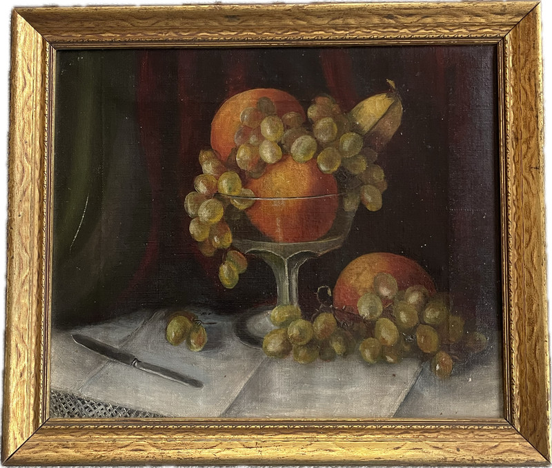 Antique 19thC Oil Painting Still Life Peaches Grapes Glass Compote Marble