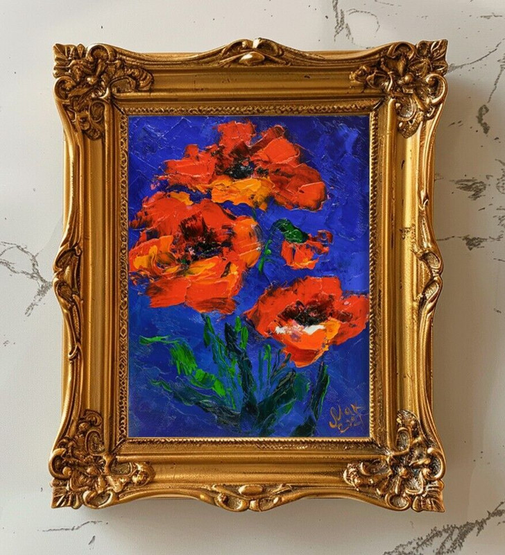 Red Poppy Oil Painting Flower in Vase Original Art California Poppy Wall Decor