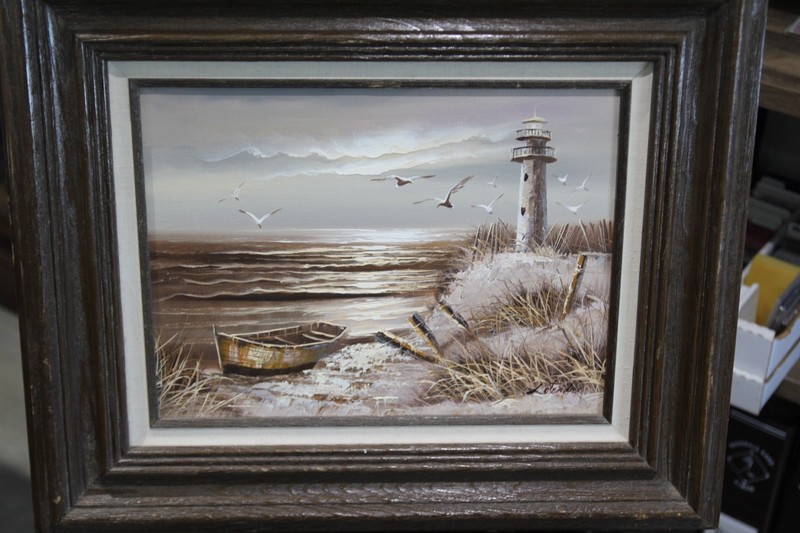 Ocean Scene Lighthouse/ Waves/Beach Painting Framed 1970s