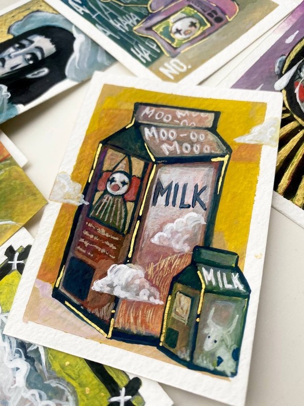 ACEO Original Painting Harlequin Clown Milk box 2.5x3.5 Card gallery
