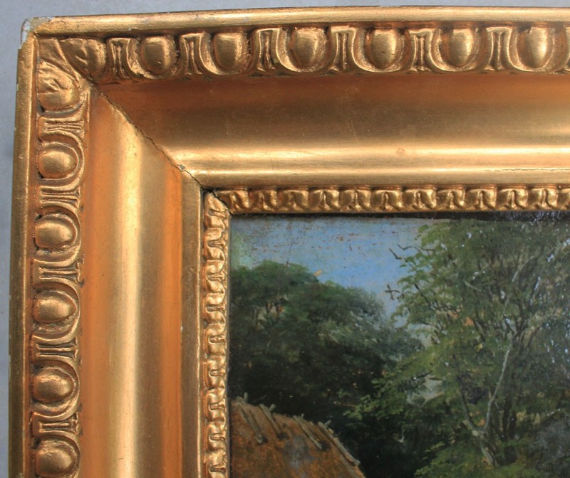 David Monies. Old houses by a stream on a summer's day c1860. Framed gallery